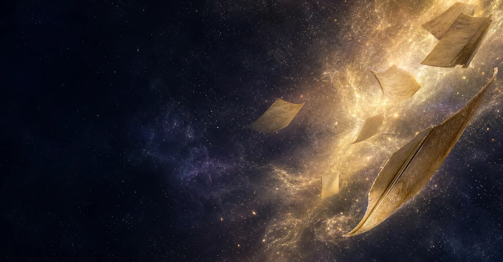 A golden nebula with floating handwritten diary pages in deep space