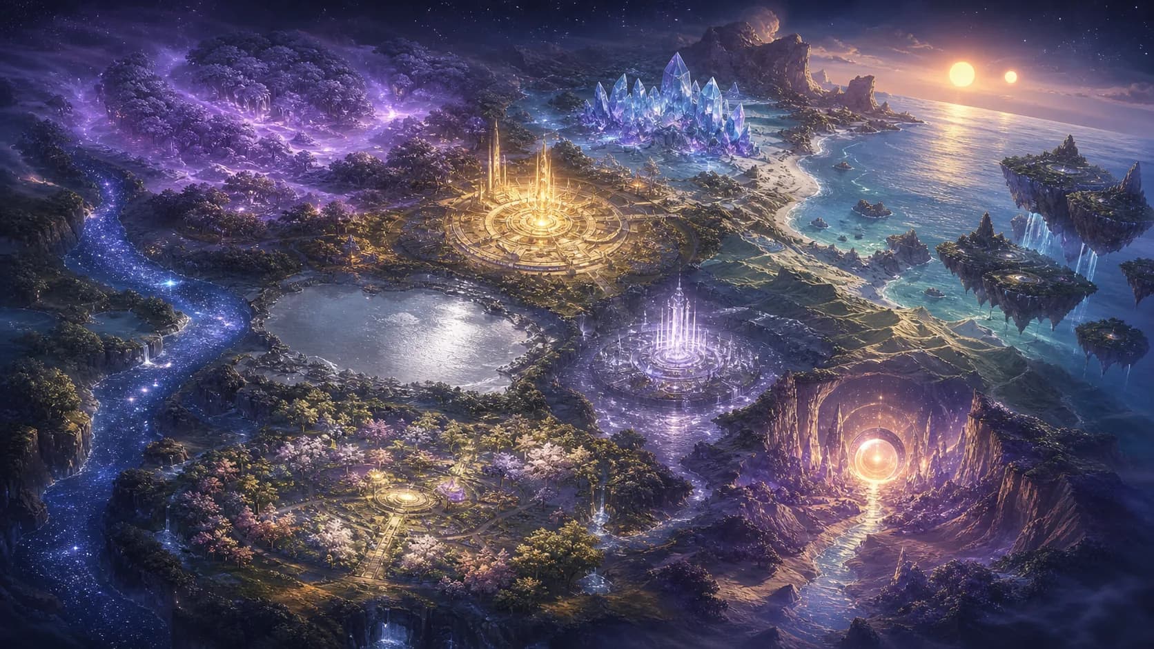 An aerial illustrated map of Planet Koerygise with luminous landscapes and cosmic waterways